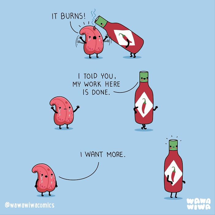 Cute Wawawiwa comic showing a spicy hot sauce bottle and a tongue with playful, lovable characters in a fun interaction.