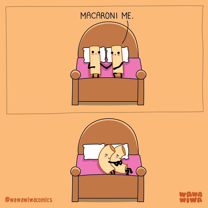 Two adorable macaroni characters sitting and cuddling on a chair in a cute Wawawiwa comic strip.