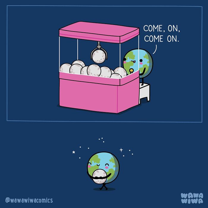 Cute Wawawiwa comic showing Earth character playing a claw machine and happily holding a moon ball.