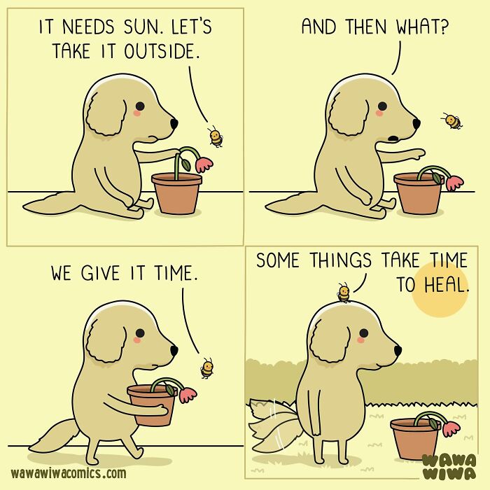 Cute Wawawiwa comic featuring a dog and bee caring for a wilting flower with themes of patience and healing.