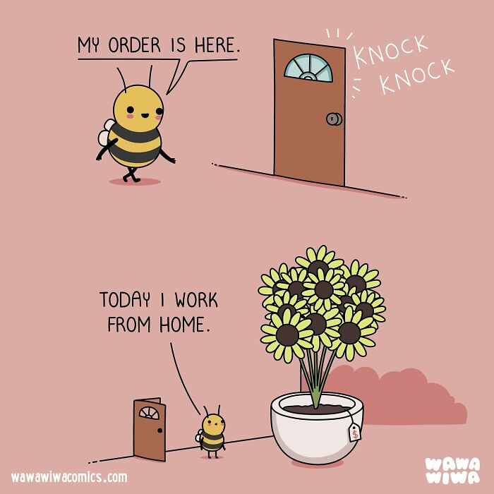 Cute bee character from Wawawiwa comics delivering flowers and working from home in humorous scenes.