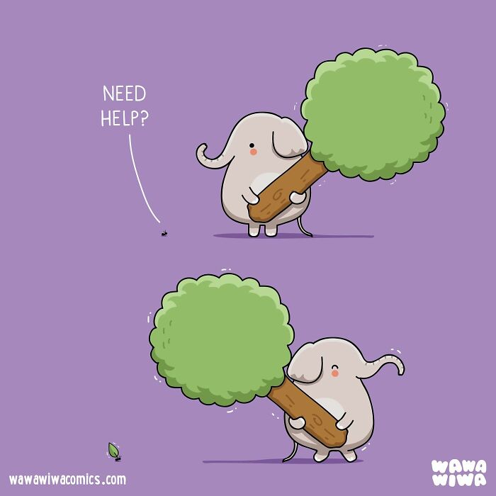Cute Wawawiwa comic shows a lovable elephant character carrying a large tree branch on a purple background.