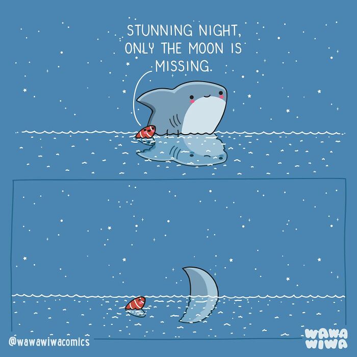 Cute Wawawiwa comics showing a shark and fish under a starry night with a missing moon reflection.