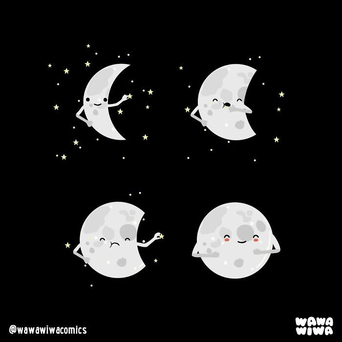 Cute Wawawiwa comics featuring lovable moon characters with stars on a black background in four playful poses
