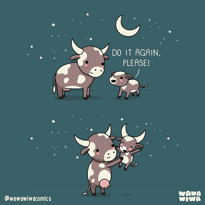Cute Wawawiwa comics showing lovable cow characters under a night sky with stars and a crescent moon.