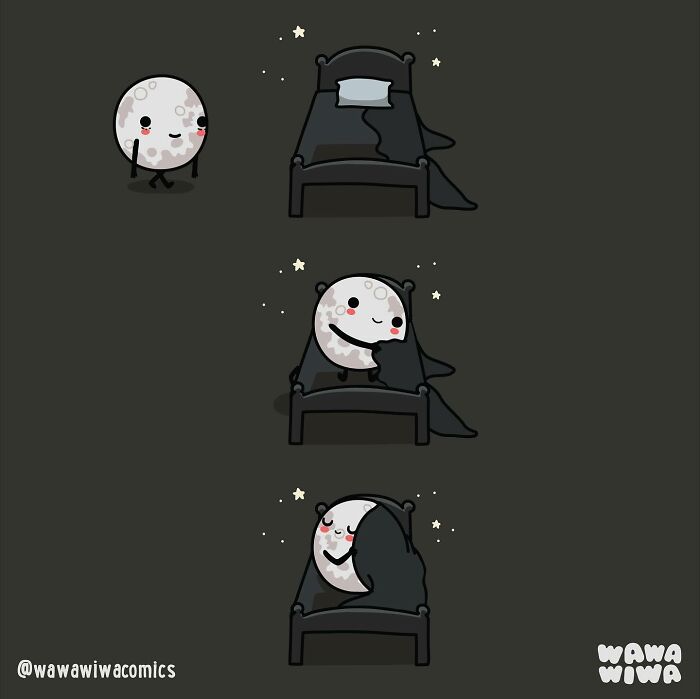 Cute Wawawiwa comic panels featuring lovable moon character getting ready and hugging a blanket on bed at night
