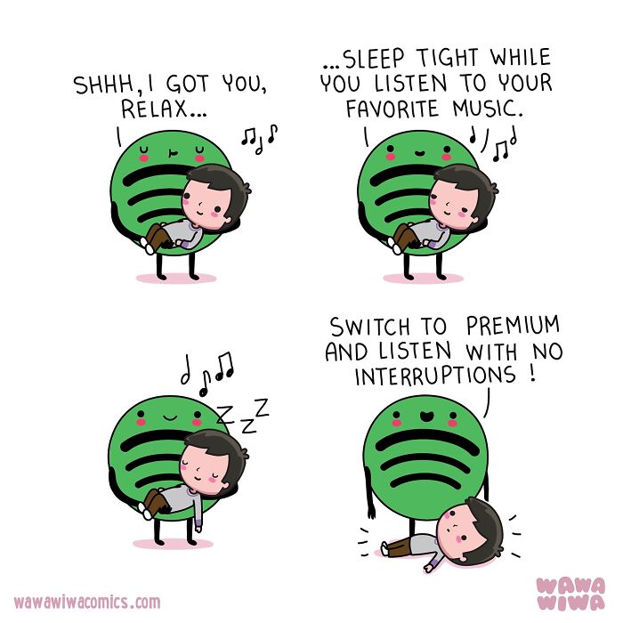 Cute Wawawiwa comics with lovable characters showing a green music icon comforting a resting person.