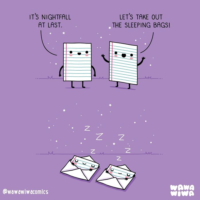 Cute Wawawiwa comics featuring lovable characters with animated notebook pages talking and sleeping in envelopes.