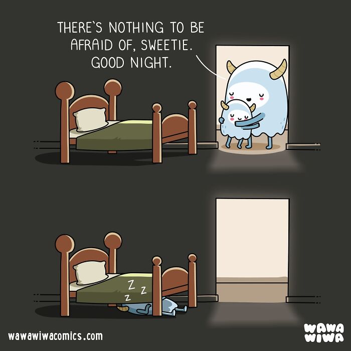 Cute Wawawiwa comics featuring lovable characters saying good night and showing a bedtime hug scene.