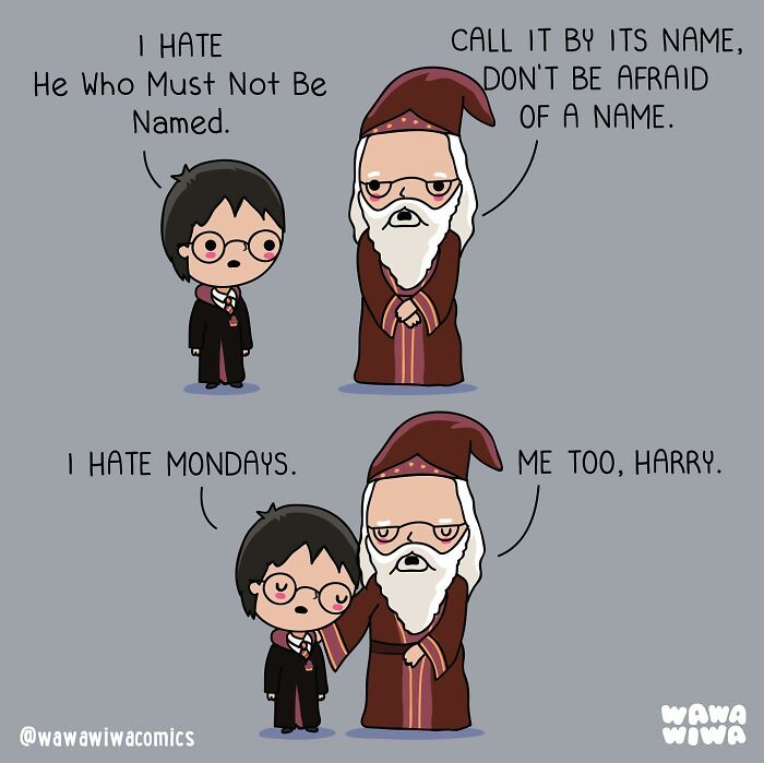 Cute Wawawiwa comics featuring lovable characters Harry and Dumbledore sharing funny dialogue about names and Mondays.
