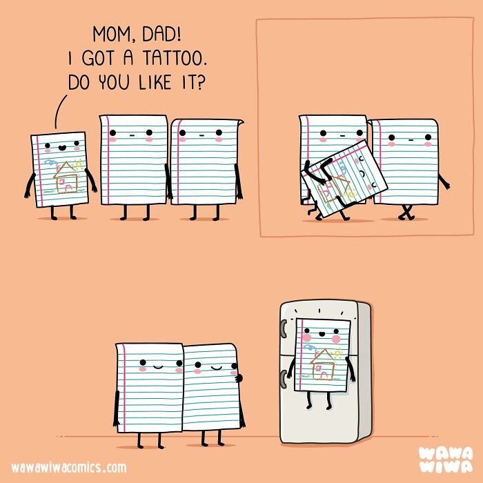 Cute Wawawiwa comics show lovable paper characters with a tattoo, hugging, and hanging on a fridge.