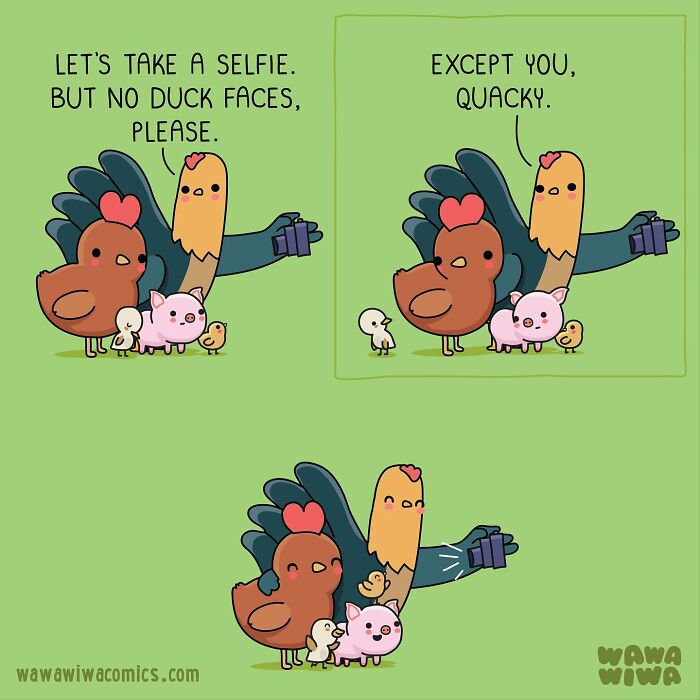 Cute Wawawiwa comics characters posing for a group selfie with a chicken, pig, and small chicks in a cartoon style.