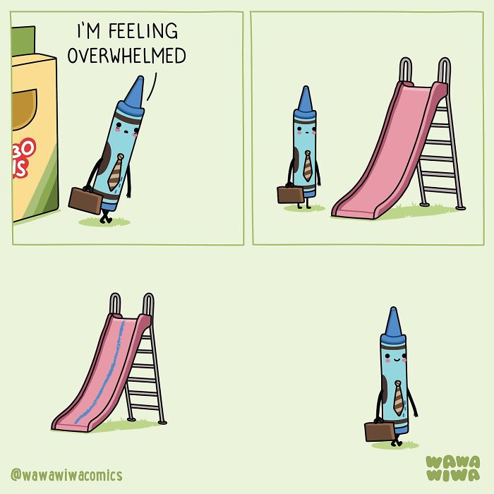 Blue crayon character in a tie with briefcase feeling overwhelmed in a Wawawiwa comic featuring lovable characters.