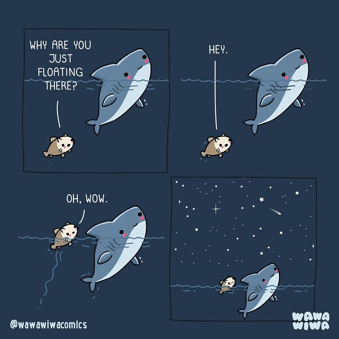 Cute Wawawiwa comics featuring lovable characters, including a small animal and a friendly shark in a night sea scene.