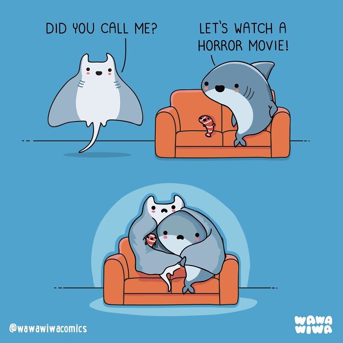 Cute Wawawiwa comics showing lovable marine characters watching a horror movie and cuddling on a couch.