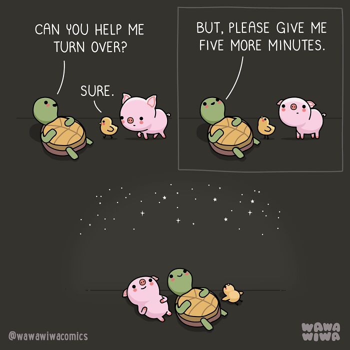 Cute Wawawiwa comic panels showing a turtle, pig, and chick with lovable characters under a starry sky.