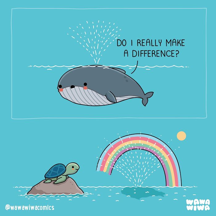 Cute Wawawiwa comic with lovable whale and turtle characters, featuring a rainbow and heartfelt dialogue in a simple ocean scene.