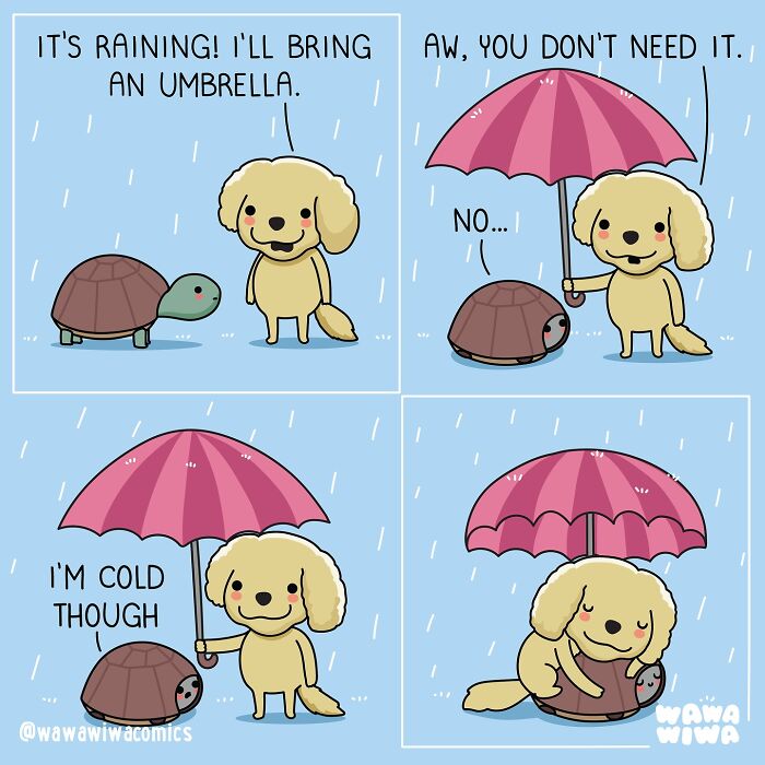 Cute comic strip with lovable characters featuring a dog and turtle in rain, showcasing friendship in Wawawiwa comics style.
