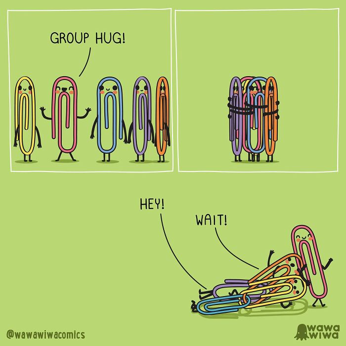 Cute Wawawiwa comics showing colorful paperclip characters in a funny group hug and playful pile-up scene.
