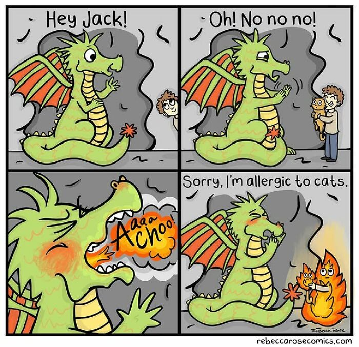 Cartoonist turns everyday awkwardness into hilarious comic featuring a dragon sneezing fire from a cat allergy.