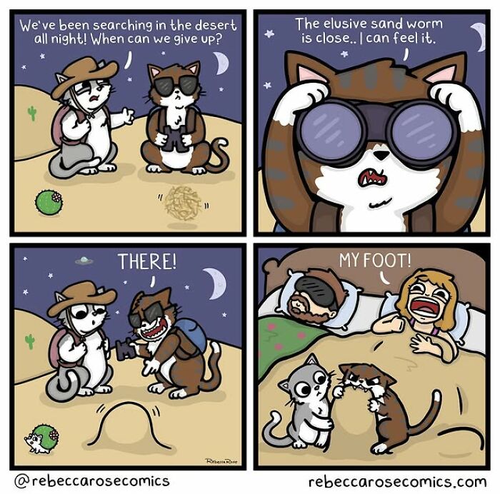 Cartoonist’s comic shows cats turning everyday awkwardness into relatable and hilarious moments in a desert sand worm search.