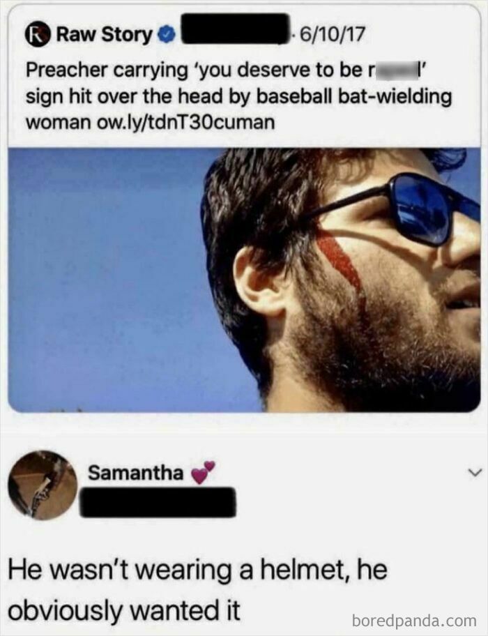 Man with blood on face wearing sunglasses after being hit by baseball bat in chaotic good act with best intentions.