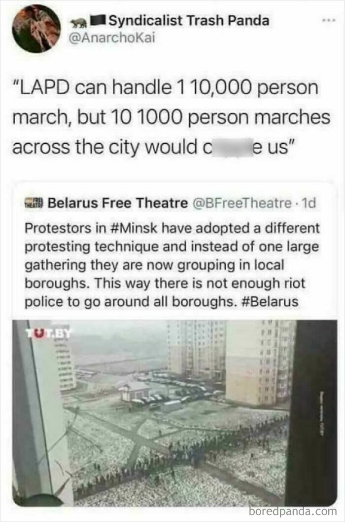 Protestors in Minsk use chaotic good tactics by grouping locally to outsmart riot police during demonstrations.
