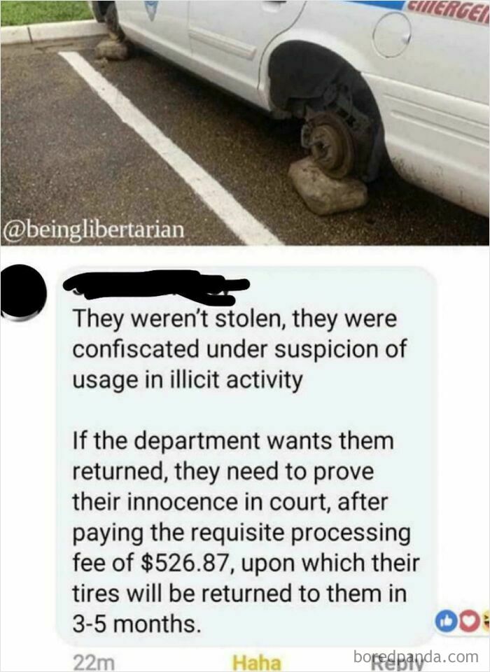 Police car in Mississippi without wheels on rocks, an example of chaotic good acts done with the best intentions at heart.