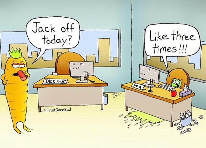 Cartoon of anthropomorphic fruits at office desks making punchlines, part of the Fruit Gone Bad comedic series.