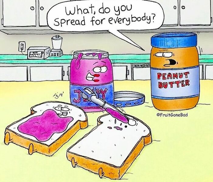 Cartoon of peanut butter and jelly jars with smiling slices of bread, illustrating humor from Fruit Gone Bad punchlines.