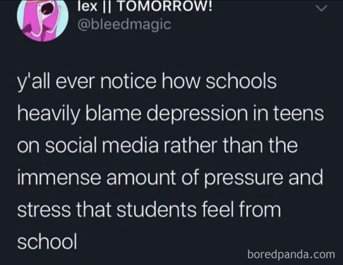 Tweet discussing how schools blame social media for teen depression instead of acknowledging school pressure in Random-Gen-Z-Memes.