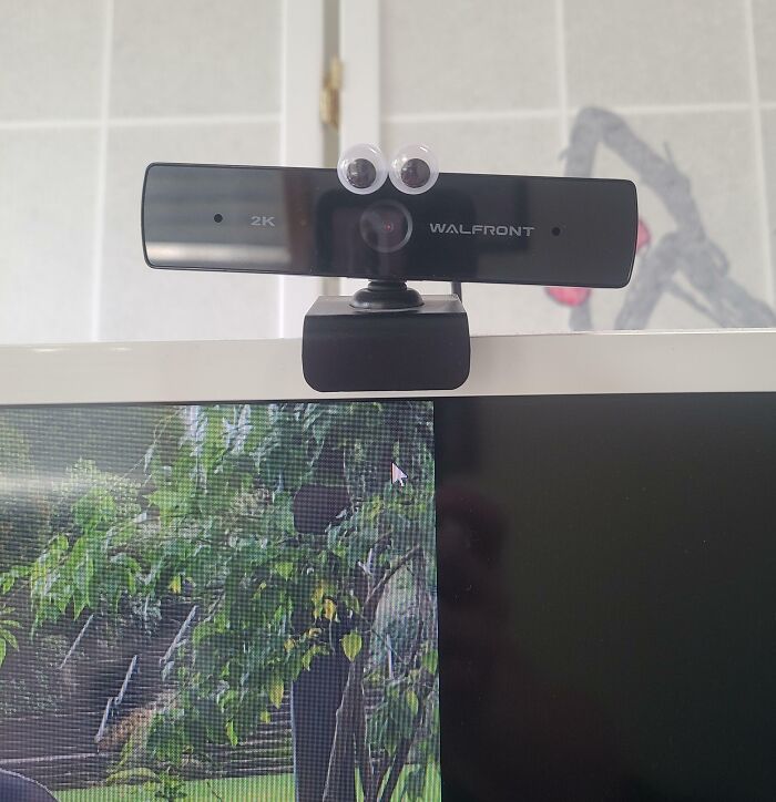 Webcam with googly eyes attached, creating a funny work-from-home meme setup on a computer monitor.