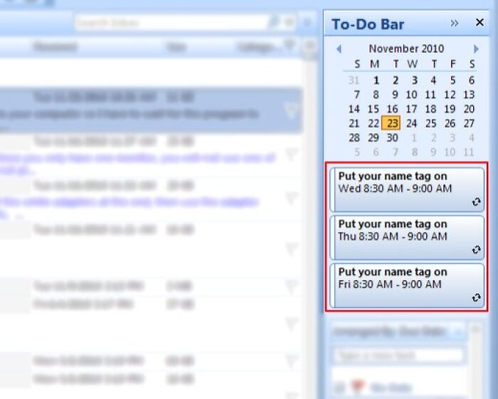 To-Do Bar calendar showing daily reminders to put name tag on from 8:30 AM to 9:00 AM, work-from-home memes concept.