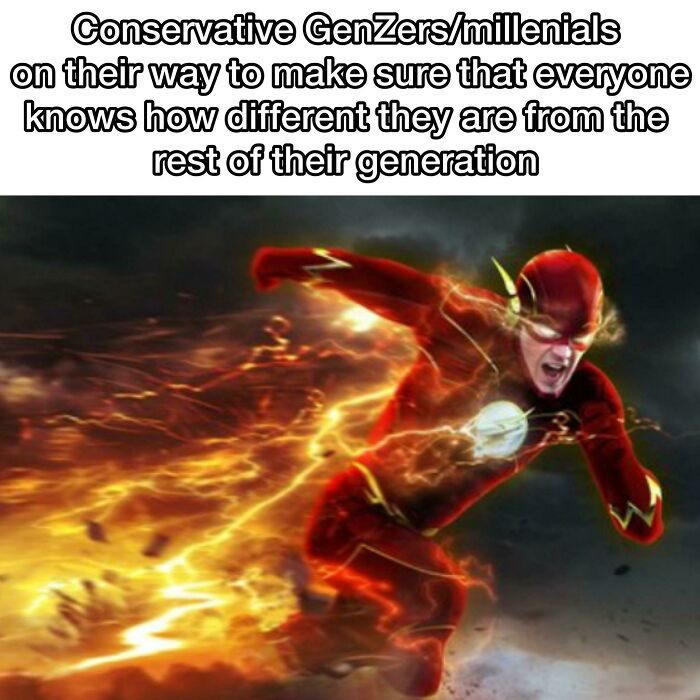 Conservative Gen Zers or millennials depicted as the Flash running fast, highlighting differences within the generation in random Gen-Z memes.
