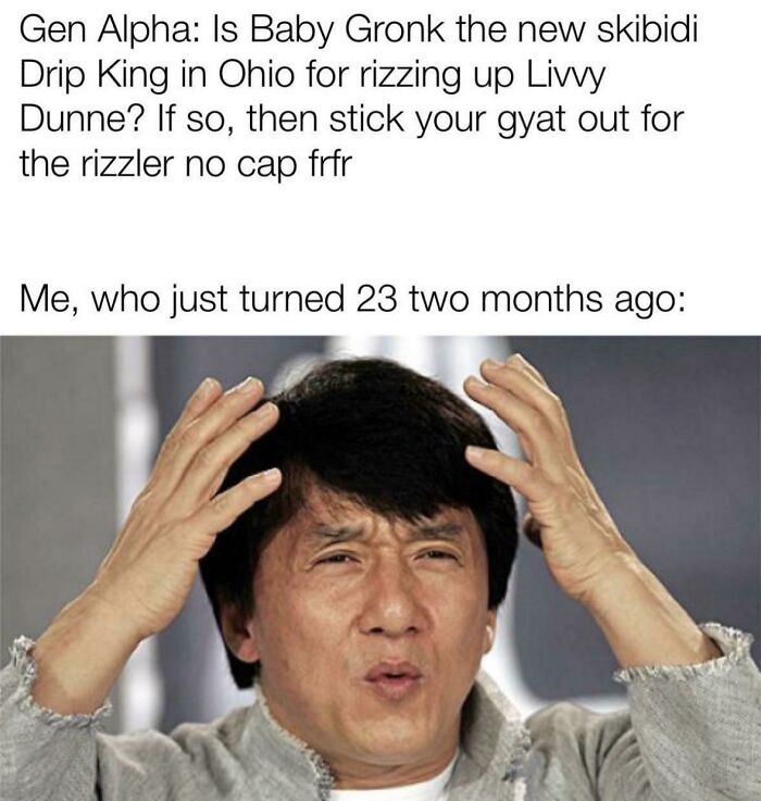 Confused man reacting to Gen Alpha slang, illustrating humor in understanding random Gen-Z memes by someone recently 23 years old.