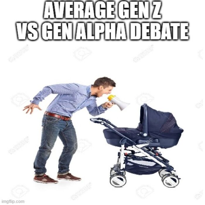 Man yelling into a megaphone at a baby stroller, representing a Gen Z vs Gen Alpha debate meme for Random-Gen-Z-Memes.