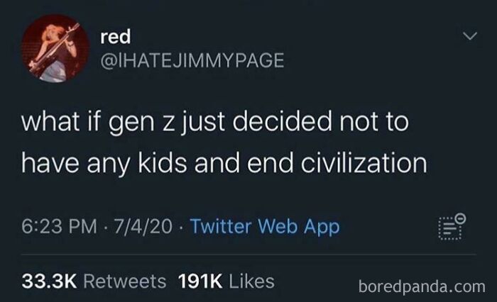 A tweet about Gen Z deciding not to have kids and ending civilization, highlighting Gen Z memes humor.