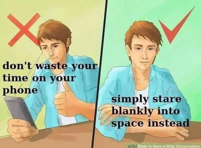Illustration of a young man showing a funny Gen-Z meme about wasting time on a phone versus staring blankly into space.