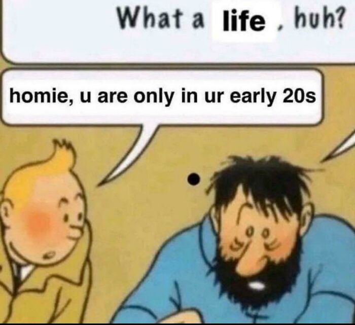 Two cartoon characters in conversation with one reminding the other about life in early 20s, a Random Gen-Z meme.