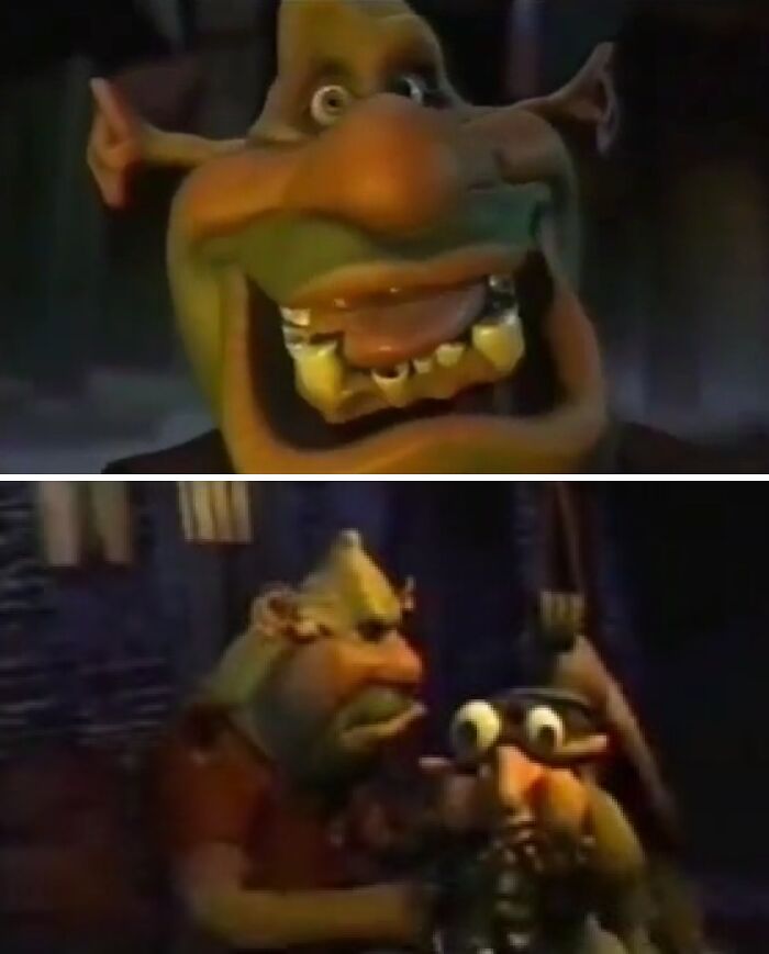 Early 3D animation characters in a dimly lit setting, showcasing how things used to look in digital art.