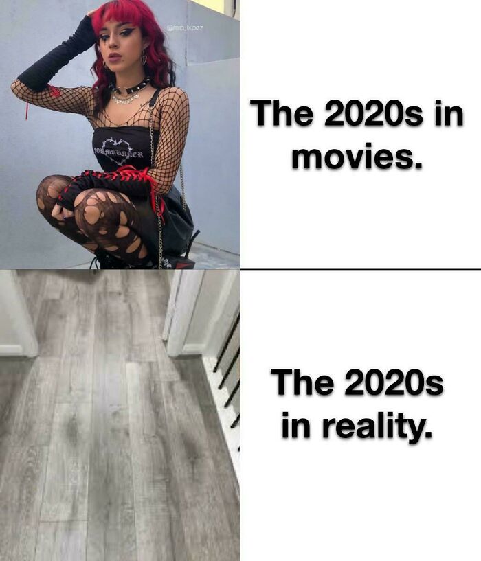 A comparison meme illustrating changes through the years online, showing 2020s movies versus reality flooring style.
