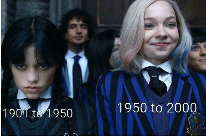 Two students in school uniforms representing changes through the years from 1901 to 1950 and 1950 to 2000 online trends.