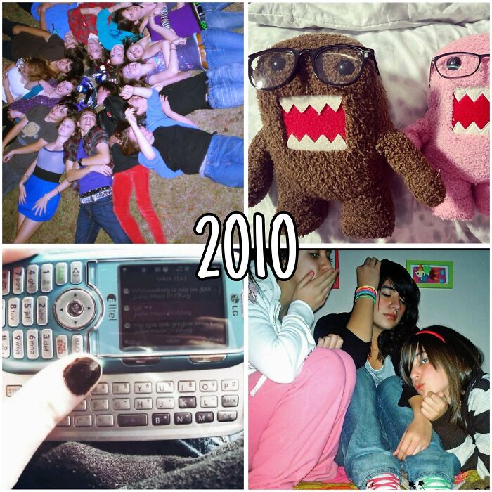 Collage showing 2010 trends with teens, stuffed toys wearing glasses, old text phones, and fashion changes over the years online.