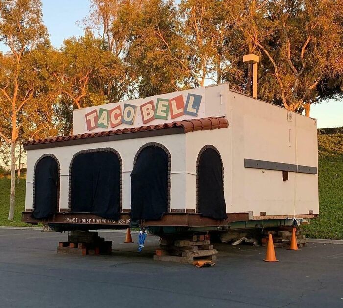 Old Taco Bell building elevated on blocks in a parking lot surrounded by trees, showing how things used to look.