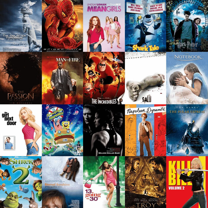 Collage of popular movie posters illustrating changes through the years according to people online trends.