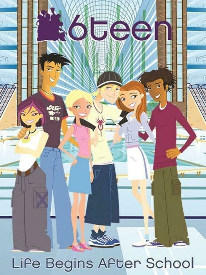 Animated group of diverse teenagers standing indoors with the 6teen logo, illustrating ways things have changed through the years online.