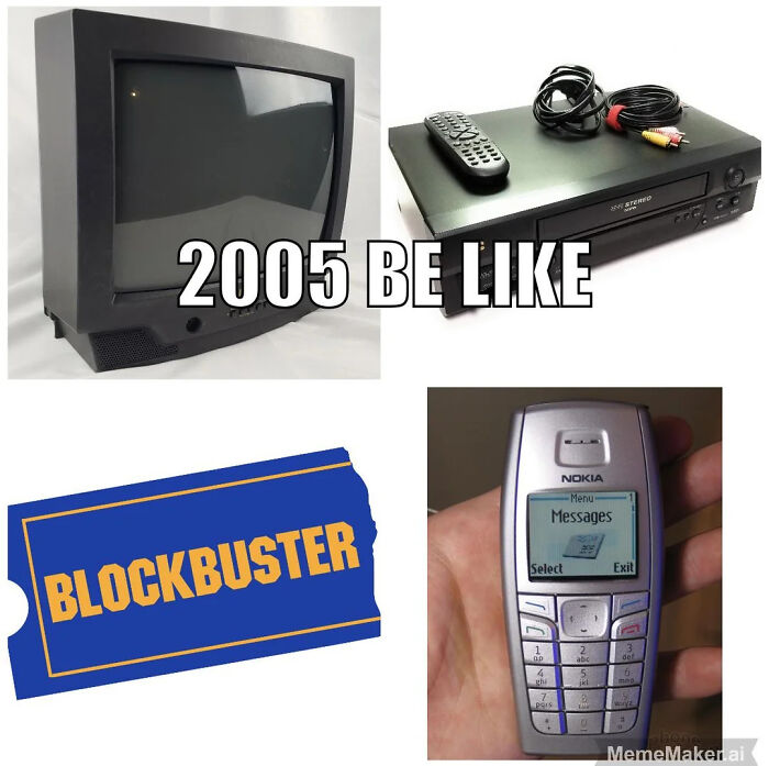 Old TV, DVD player, Blockbuster ticket, and Nokia phone illustrating changes through the years according to people online.