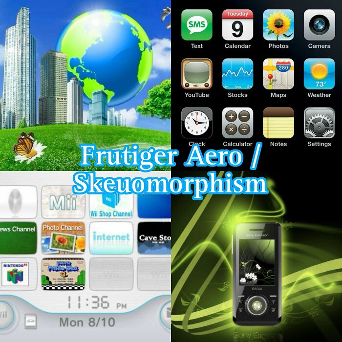 Collage showing evolution of user interfaces highlighting skeuomorphism in tech design changes through the years according to people online.