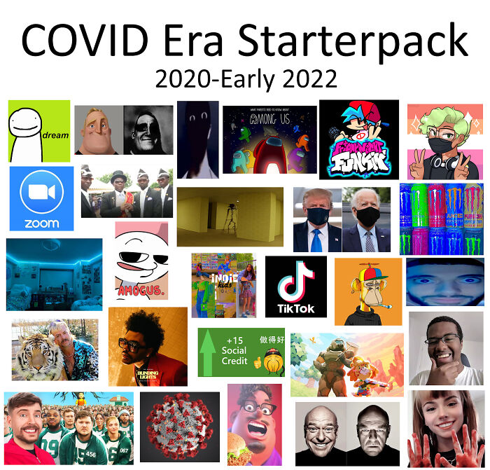 Collage representing ways things have changed through the years online with COVID era trends and popular culture icons.