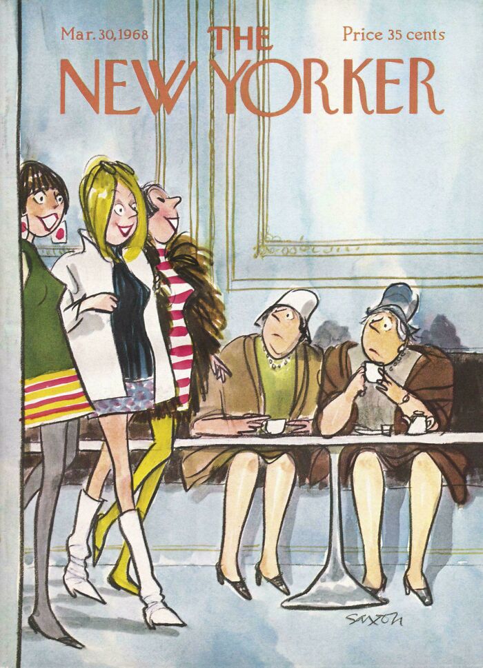 Vintage cartoon showing fashion and social changes with women from different eras, illustrating how things have changed through the years.